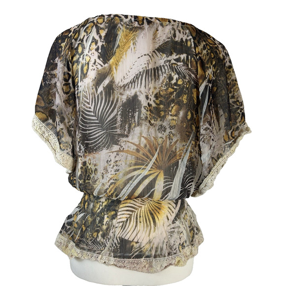 Whimsygoth Animal Print Boho Cropped Peasant Blouse Sz PS w/ Crochet Lace Trim - Picture 4 of 7